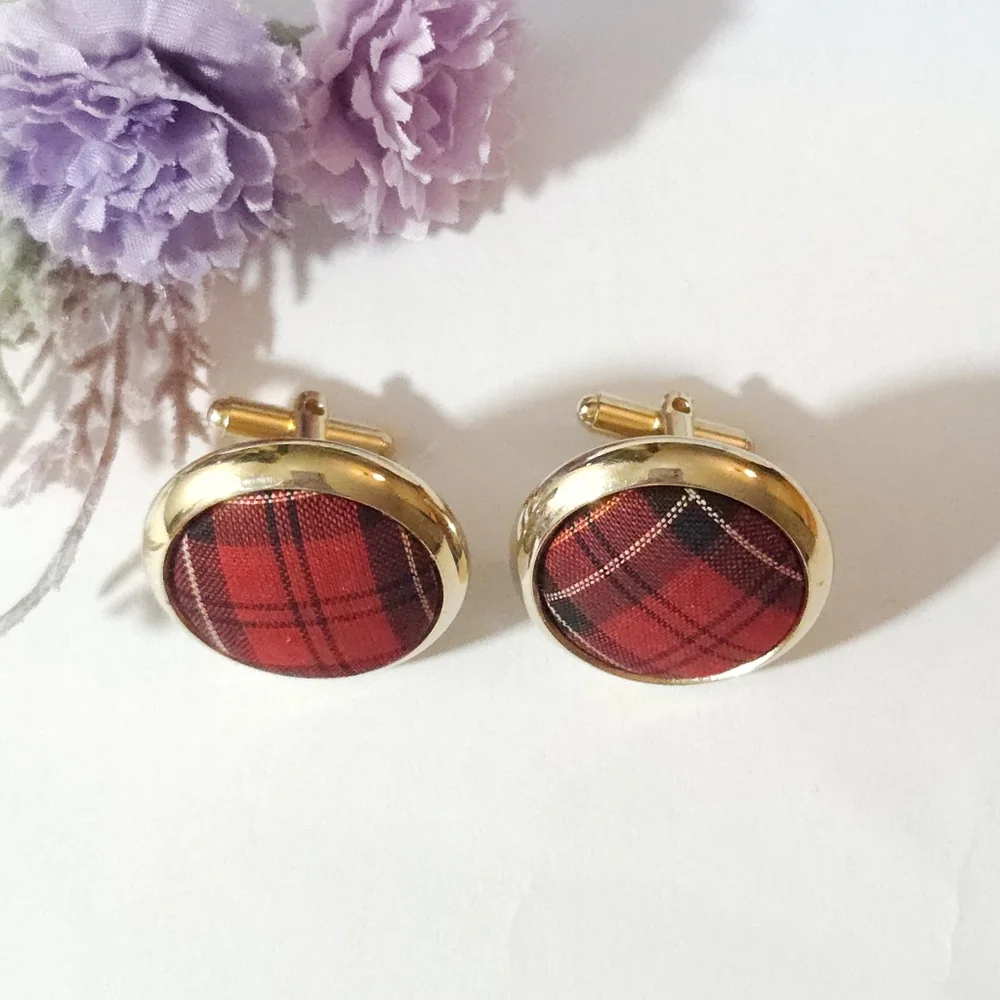 Vintage Tartan Plaid Wool Gold Tone Cufflinks Scottish Style